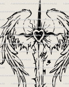 Angelcore sword and wings spine tattoo design, cyber-tribal sacred-heart back tattoo outline in bold symmetrical linework.