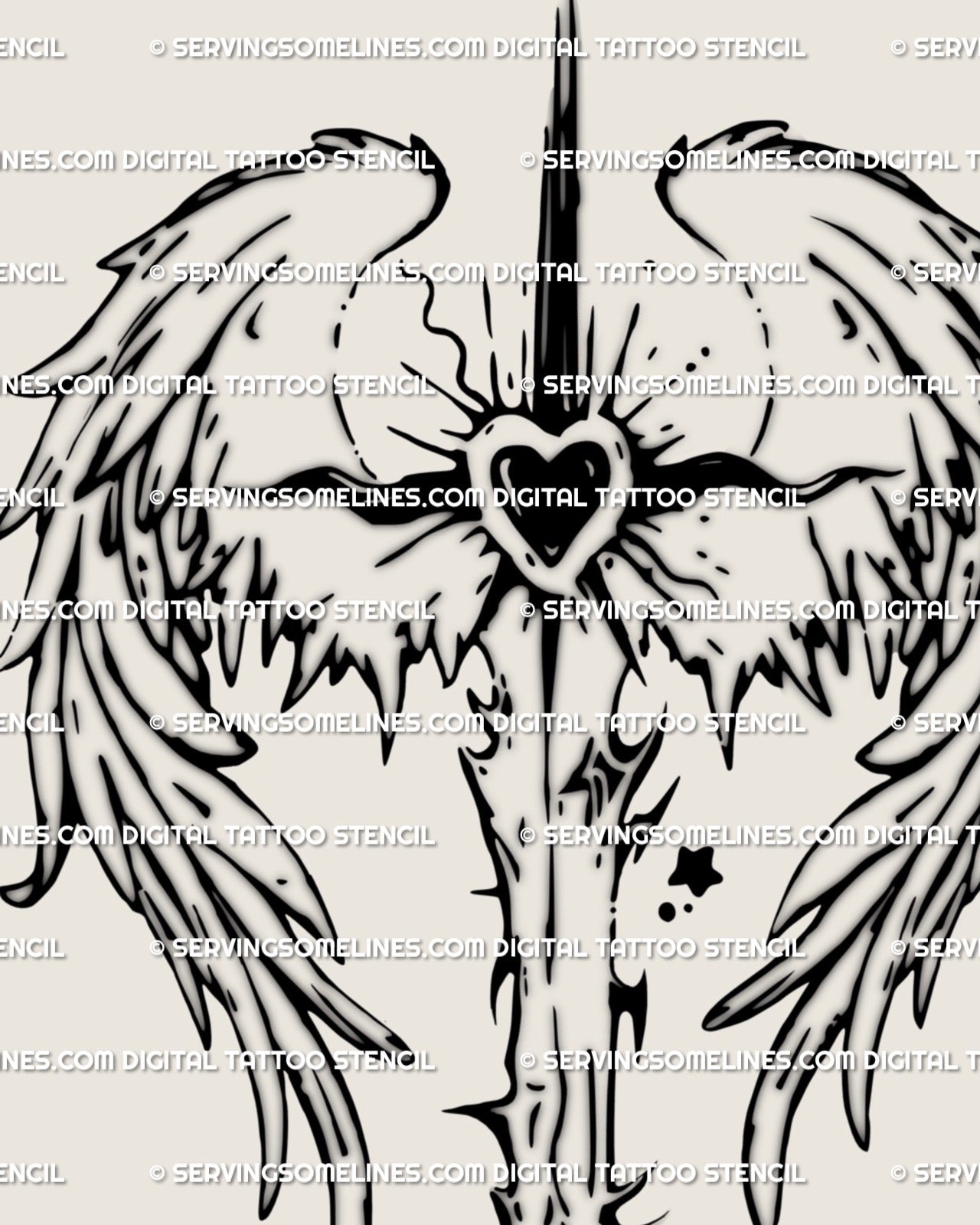 Angelcore sword and wings spine tattoo design, cyber-tribal sacred-heart back tattoo outline in bold symmetrical linework.