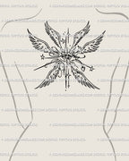 Angelcore gothic tattoo flash shown as a feminine upper backpiece, seraph wings with an all-seeing eye for protection and individuality.