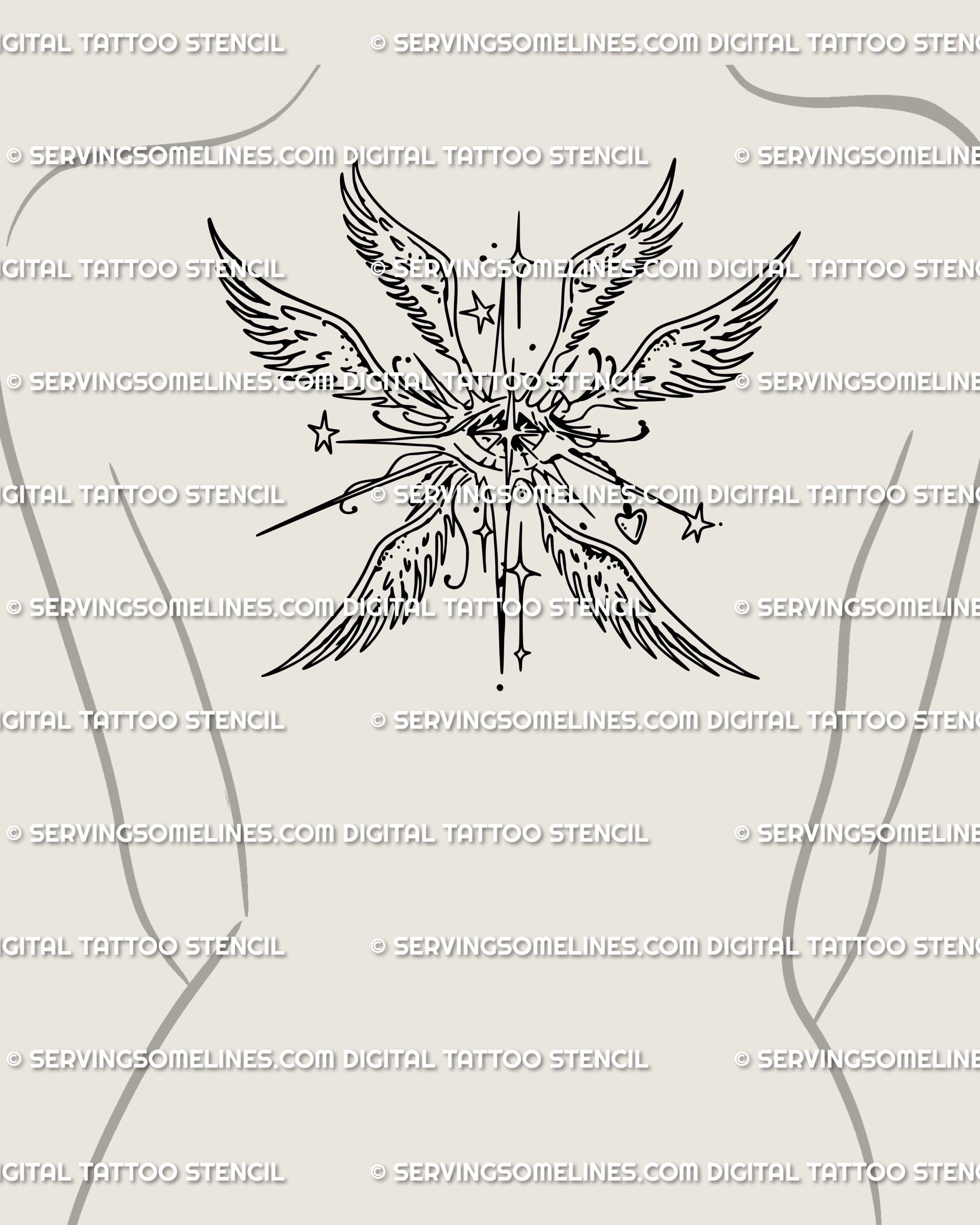 Angelcore gothic tattoo flash shown as a feminine upper backpiece, seraph wings with an all-seeing eye for protection and individuality.