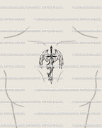Angelcore sword and wings tattoo centered on female chest; balanced line art with star details, guardian vibe in a minimal stencil.