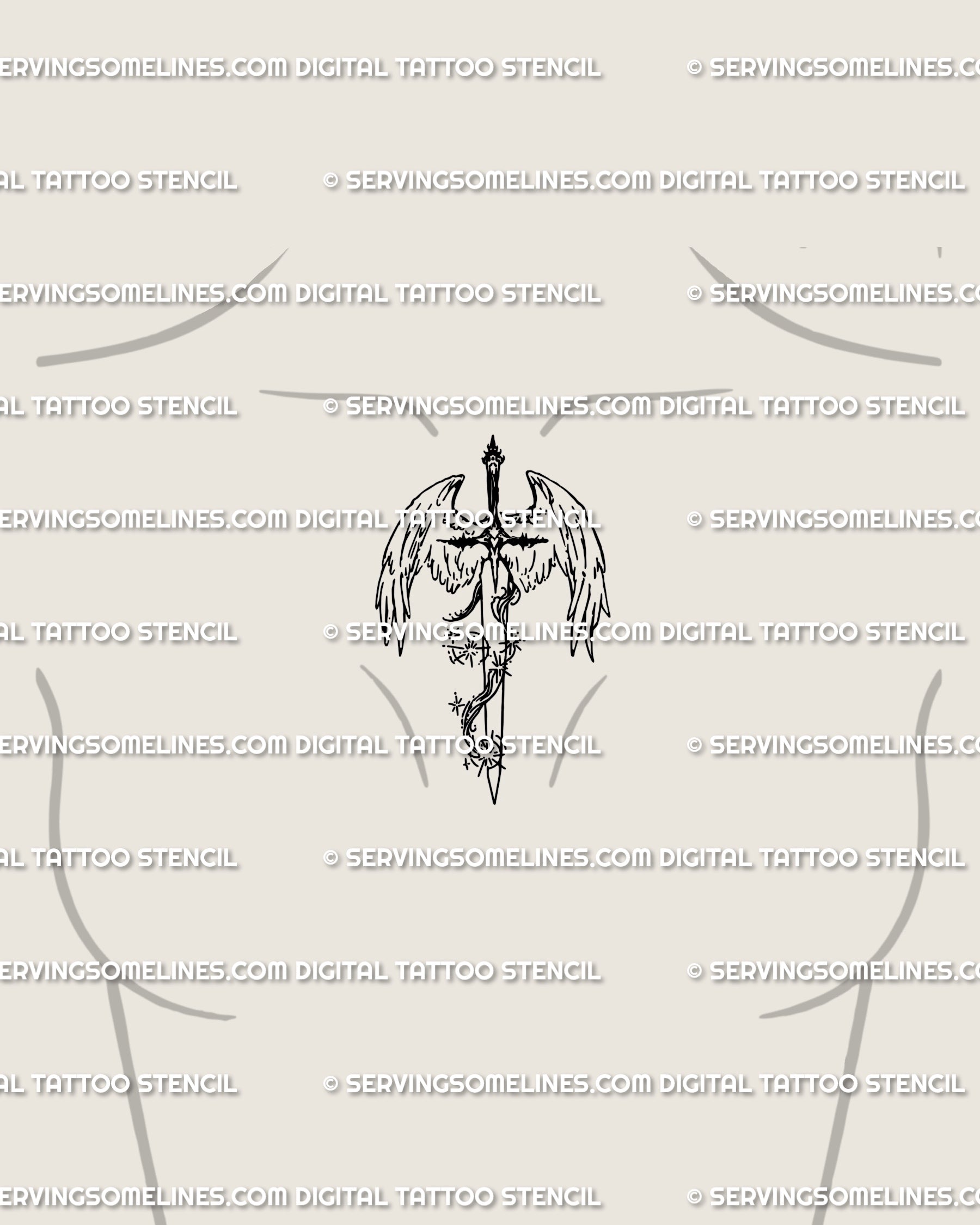Angelcore sword and wings tattoo centered on female chest; balanced line art with star details, guardian vibe in a minimal stencil.