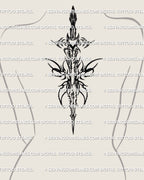 Angelic cyber sigil sword placed along a woman’s spine, elegant winged blade silhouette for upper back tattoo ideas with gothic energy