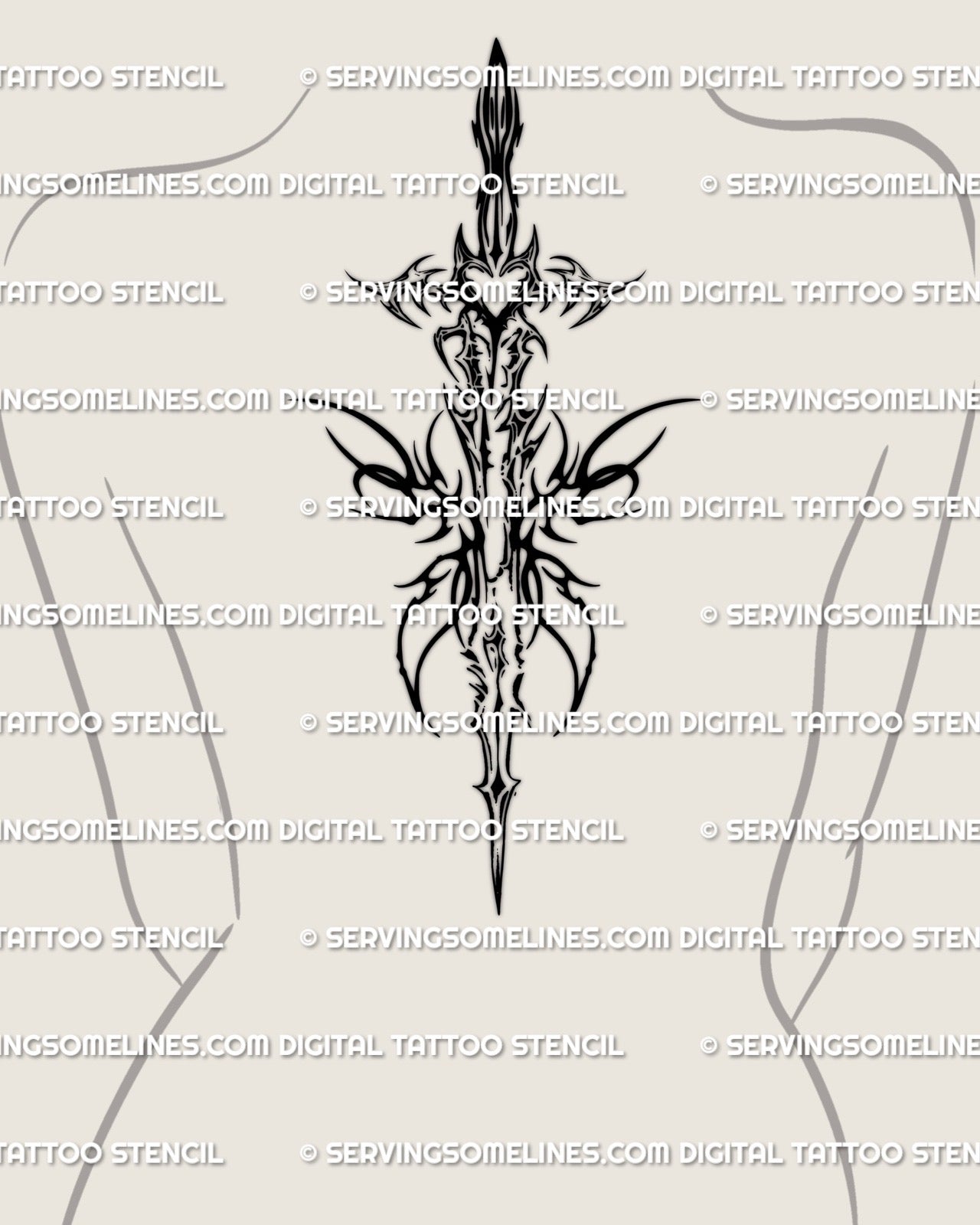 Angelic cyber sigil sword placed along a woman’s spine, elegant winged blade silhouette for upper back tattoo ideas with gothic energy
