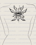 angelic eye emblem with soft feather wings shown on upper back near the neck to create a centered protective accent