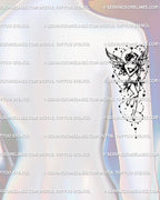Back of upper arm showing angelic fairy tattoo stencil, girl with angel wings design in fine fantasy linework. 