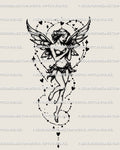Angelic fairy tattoo stencil with wings, hearts and stars, feminine linework digital tattoo design for women