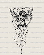Angelic fairy tattoo stencil with wings, hearts and stars, feminine linework digital tattoo design for women
