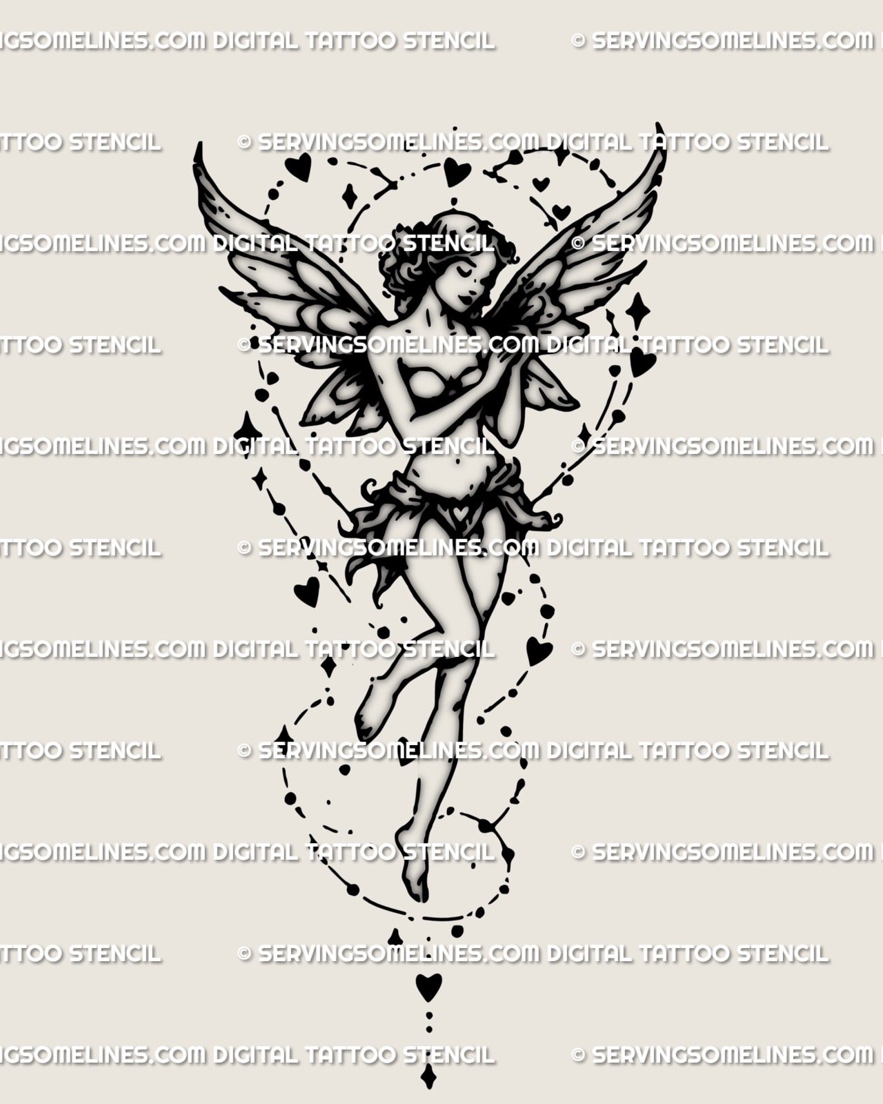 Angelic fairy tattoo stencil with wings, hearts and stars, feminine linework digital tattoo design for women