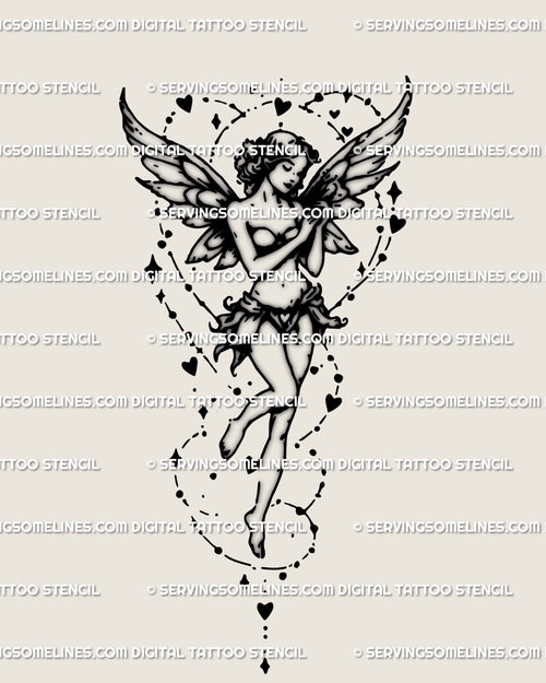 Angelic fairy tattoo stencil with wings, hearts and stars, feminine linework digital tattoo design for women