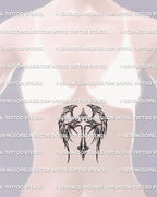 Angelic winged cross tattoo stencil displayed on sternum placement, fine line wings and cross.
