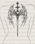 Feathered angelic sword back tattoo shown on men’s back placement with a vertical sword flow and balanced upper-back wings