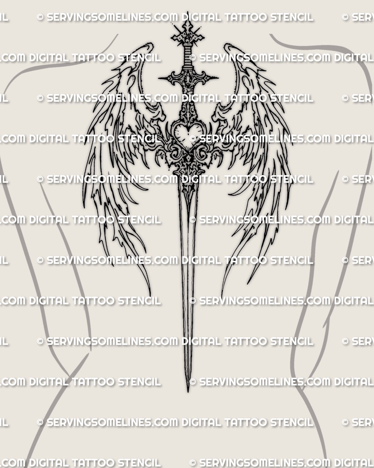 Feathered angelic sword back tattoo shown on men’s back placement with a vertical sword flow and balanced upper-back wings