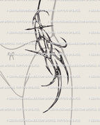 Angled side view of cyber tribal waist to hip tattoo, abstract chrome lines and feminine curve shaping drawn for a clean anatomical fit
