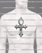 Ankh cross stencil download preview on men's sternum with long vertical shape, pointed lower spear, and scarab center