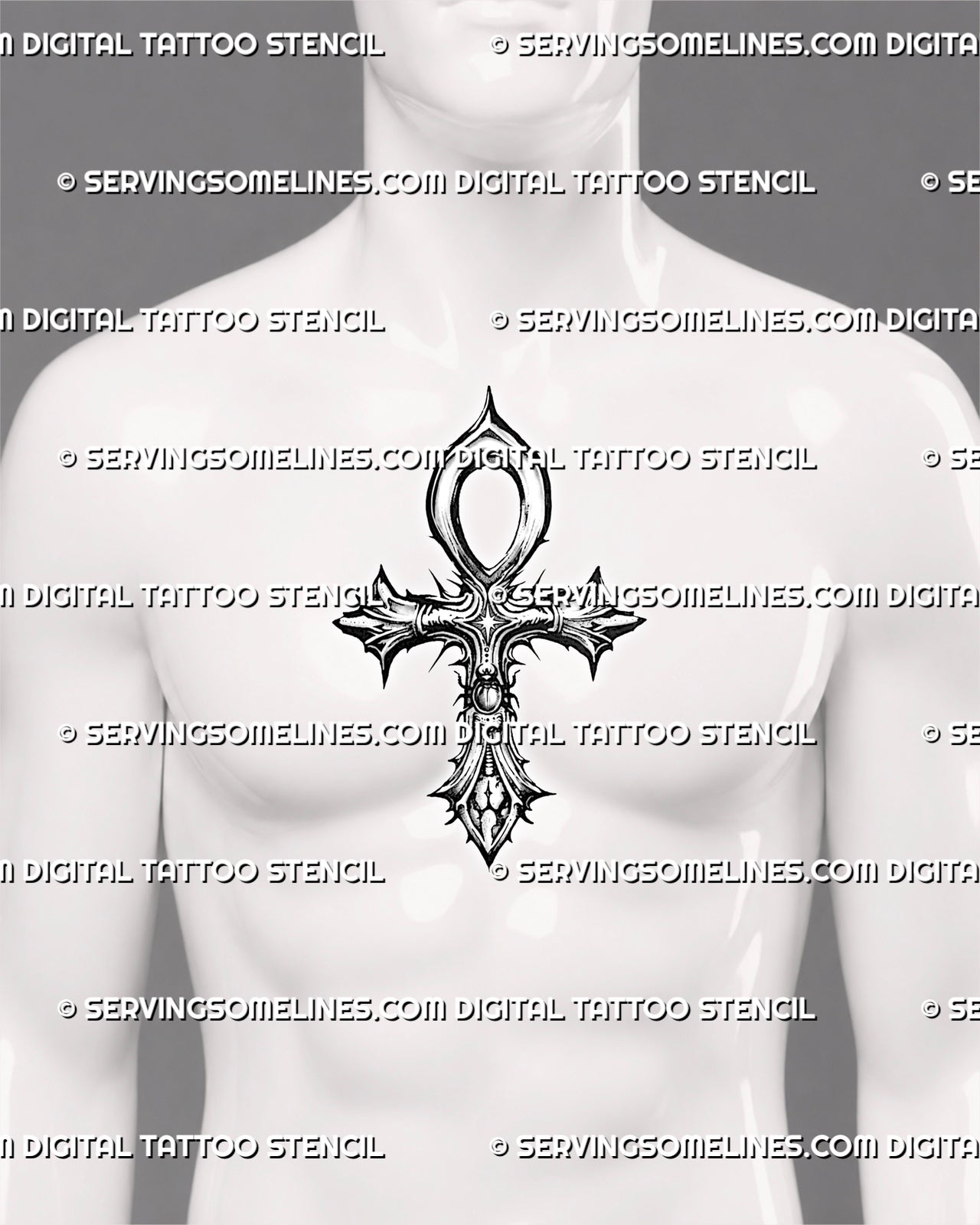Ankh cross stencil download preview on men's sternum with long vertical shape, pointed lower spear, and scarab center