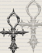 Ankh cross stencil download, symbolic cross stencil file with looped ankh top, spiked gothic points, high resolution PNG PDF included.