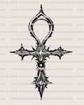 Ankh cross tattoo stencil design preview, gothic Egyptian ankh with scarab detail, clean black linework, instant download files.