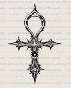 Ankh cross tattoo stencil design preview, gothic Egyptian ankh with scarab detail, clean black linework, instant download files.