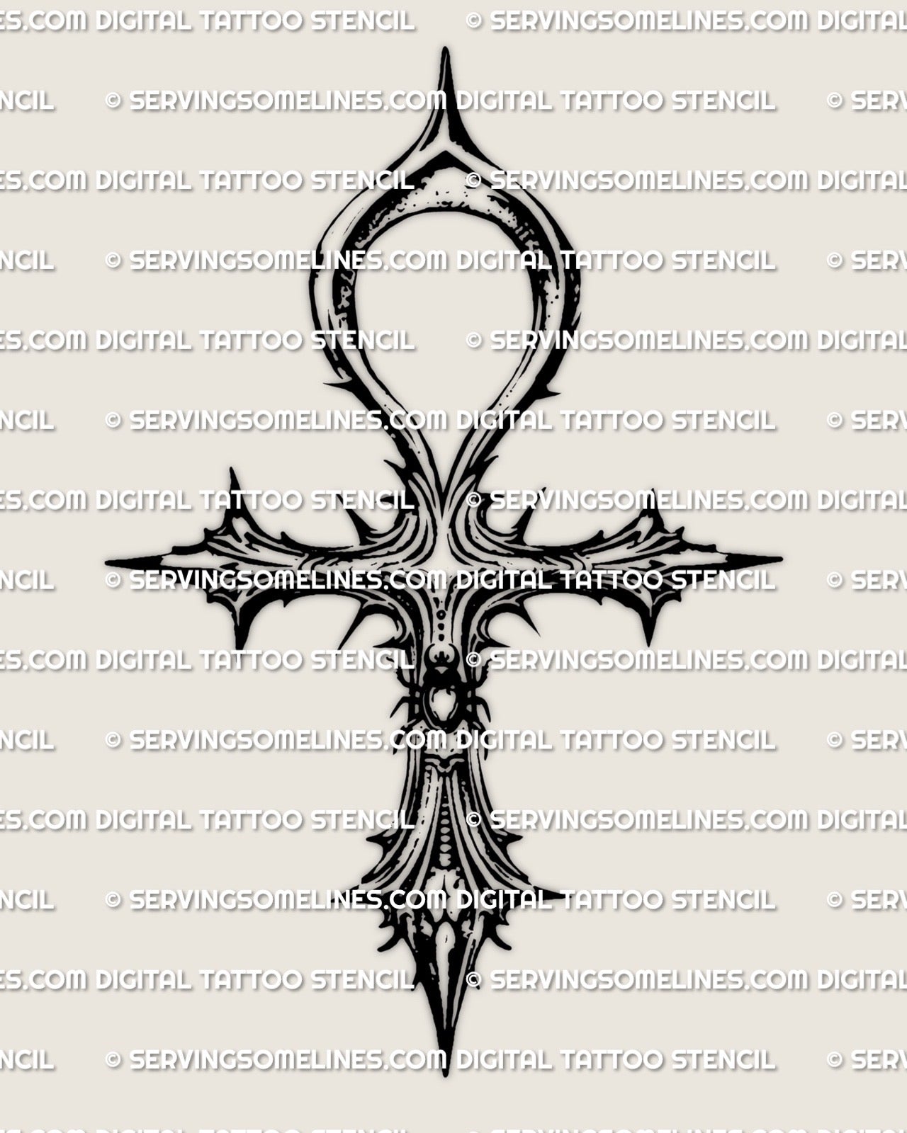 Ankh cross tattoo stencil design preview, gothic Egyptian ankh with scarab detail, clean black linework, instant download files.