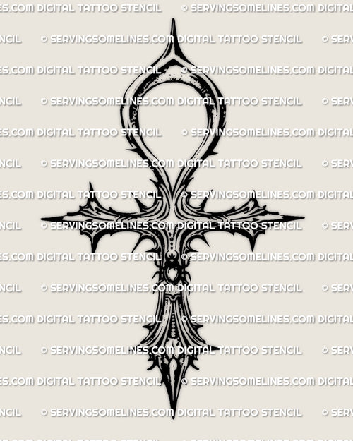Ankh cross tattoo stencil design preview, gothic Egyptian ankh with scarab detail, clean black linework, instant download files.