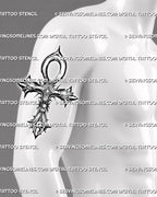Ankh cross tattoo stencil shown on men's biceps with Egyptian scarab center and sharp vertical cross shape