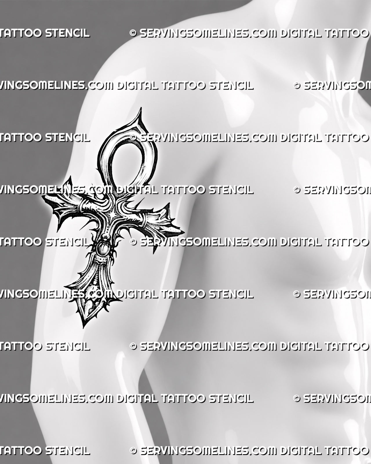 Ankh cross tattoo stencil shown on men's biceps with Egyptian scarab center and sharp vertical cross shape