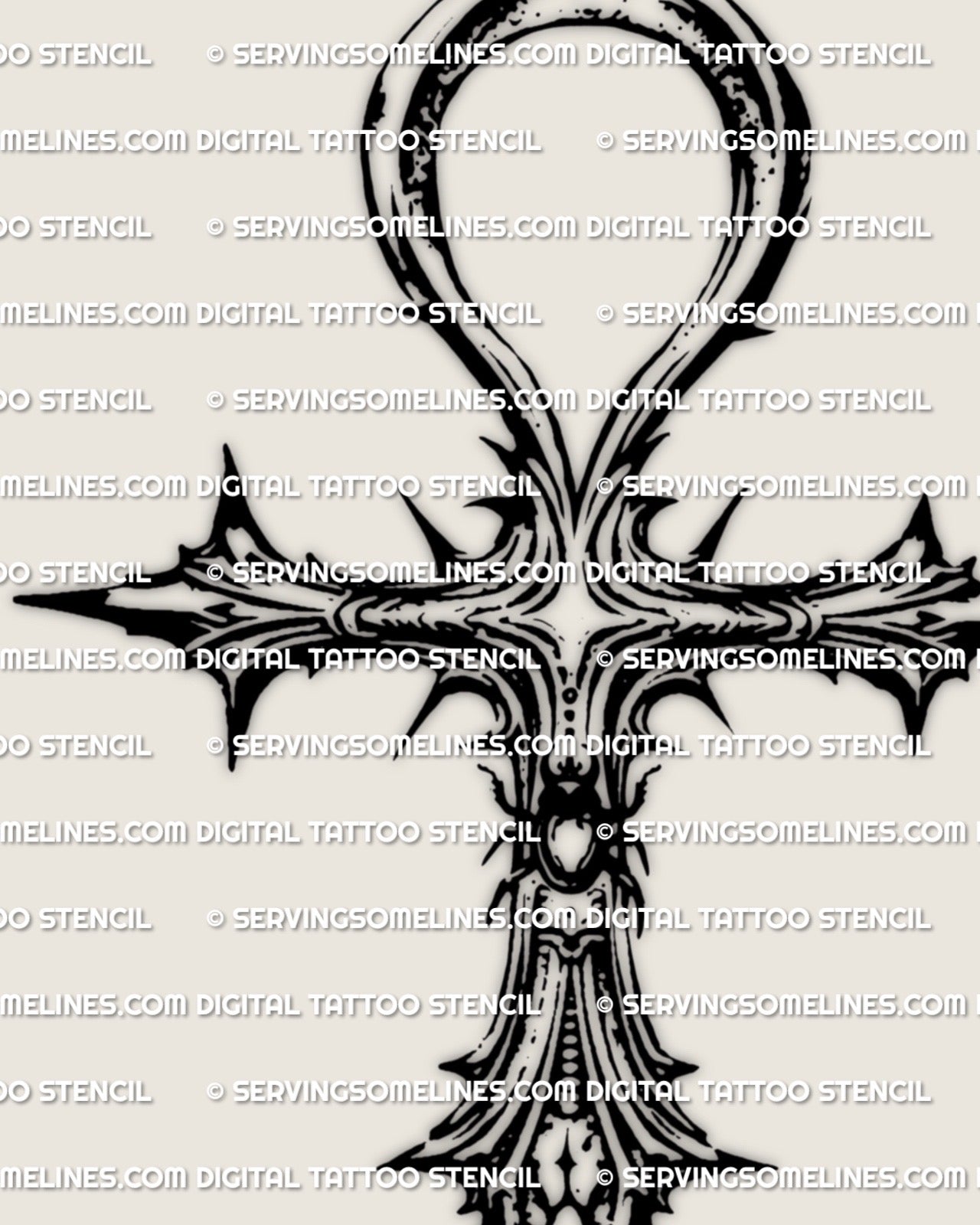 Ankh tattoo stencil file closeup, Egyptian cross tattoo design with small scarab at center, sharp ornamental edges, printable stencil.