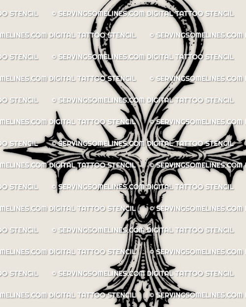 Ankh tattoo stencil file closeup, Egyptian cross tattoo design with small scarab at center, sharp ornamental edges, printable stencil.