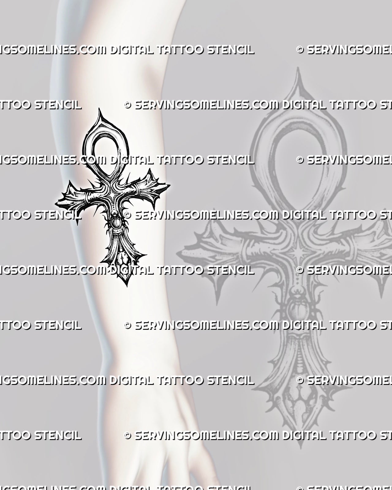 Ankh tattoo stencil file shown on forearm placement with clean Egyptian cross silhouette and centered scarab