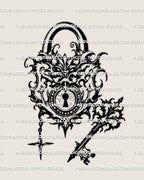 Antique gothic lock tattoo stencil with ornate key, high contrast linework, displayed as lock and key pairing example.