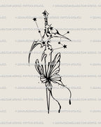 Aquarius constellation sword tattoo design in cybersigilism zodiac style with butterfly and cosmic star cluster details. 