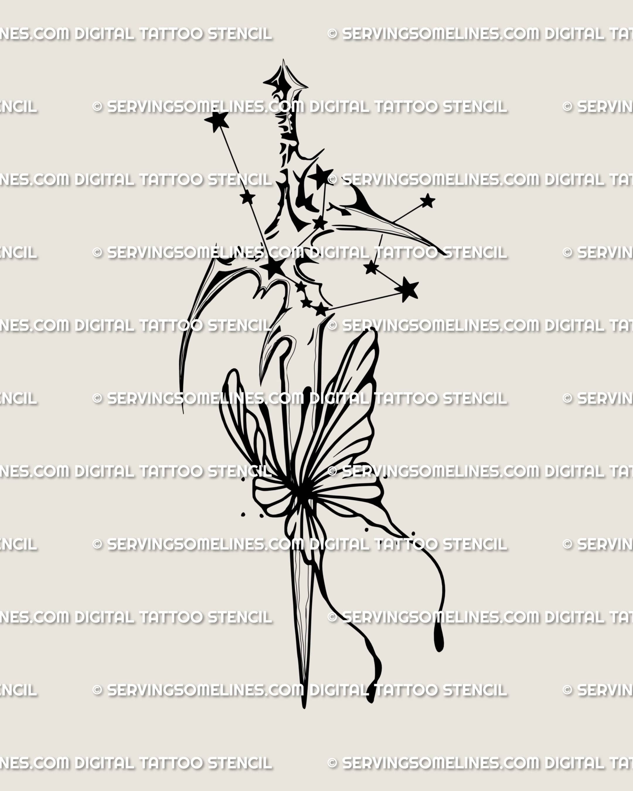 Aquarius constellation sword tattoo design in cybersigilism zodiac style with butterfly and cosmic star cluster details. 