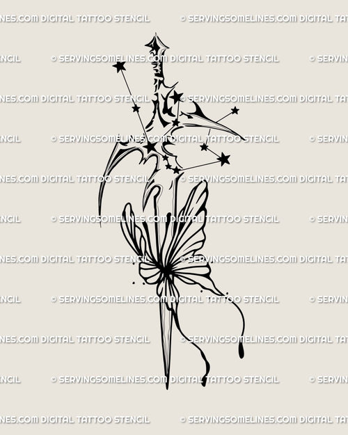 Aquarius constellation sword tattoo design in cybersigilism zodiac style with butterfly and cosmic star cluster details. 