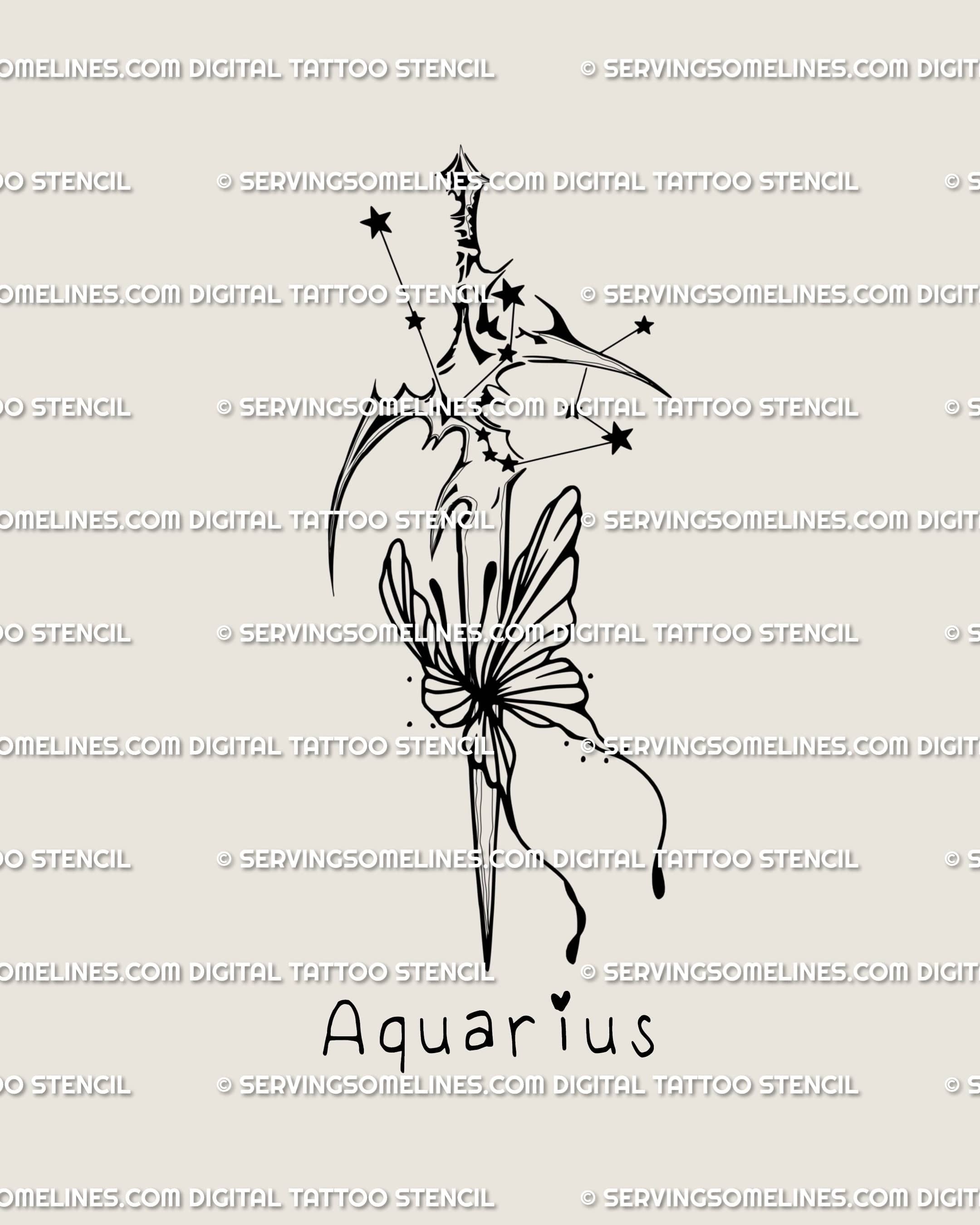 Aquarius constellation sword tattoo design with text below, cosmic butterfly dagger in minimal cybersigilism style.