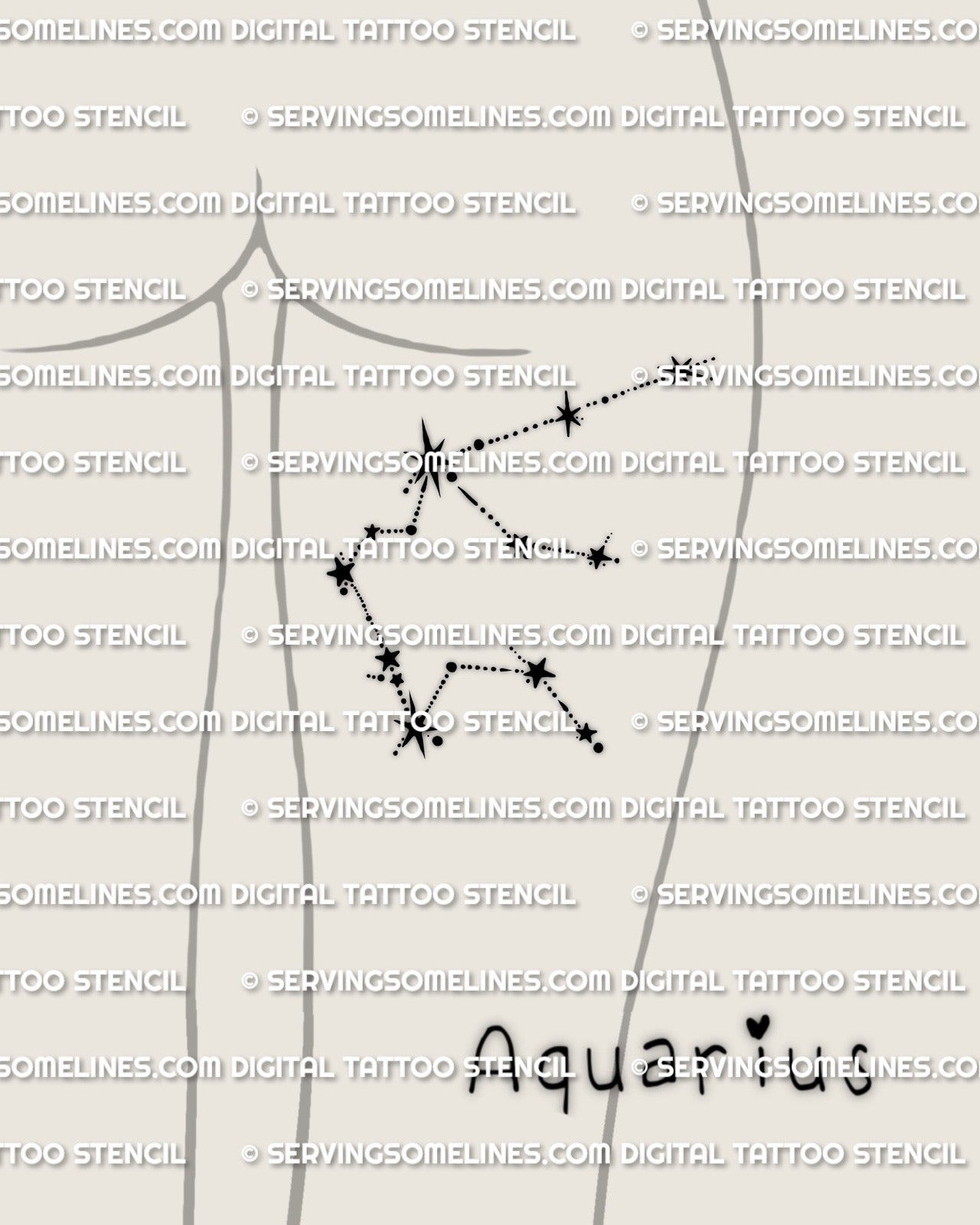 Aquarius constellation tattoo stencil shown on back of thigh placement, clean star points and line path, instant download files