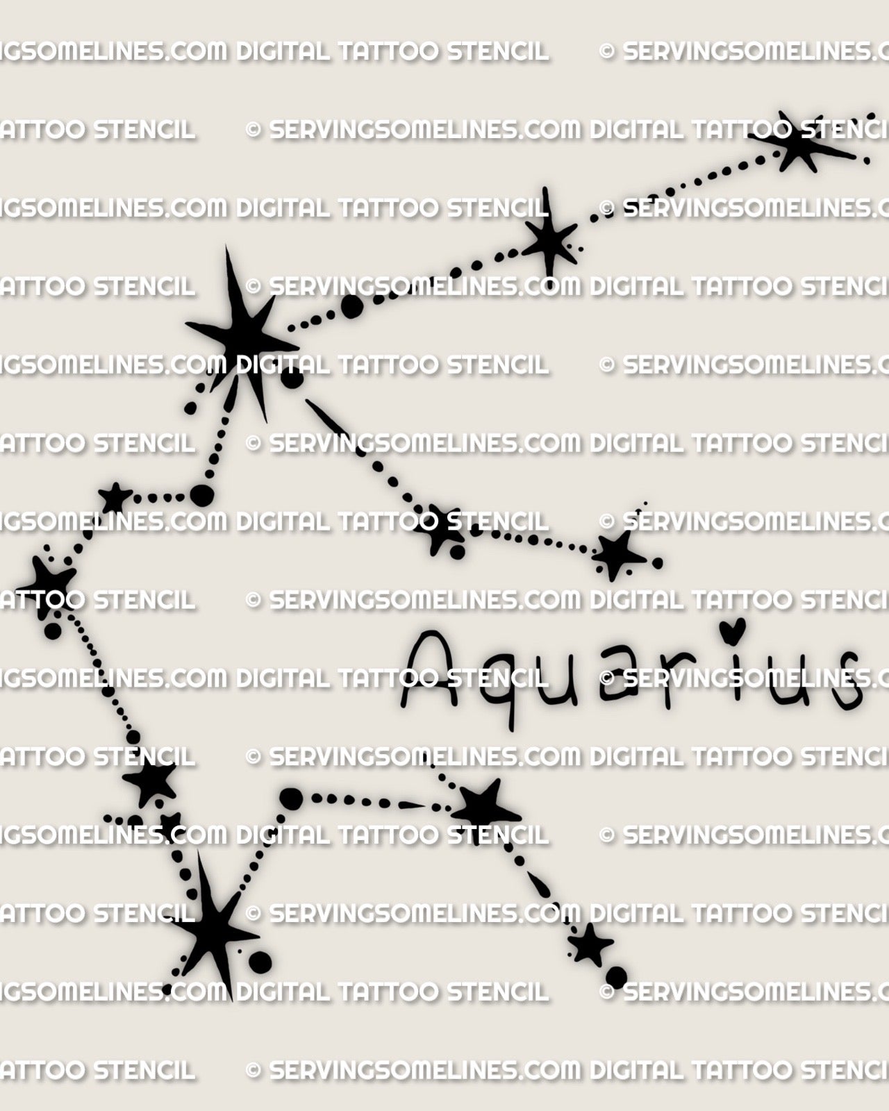 Aquarius constellation tattoo stencil design, minimalist zodiac star map line layout, instant download PNG PDF