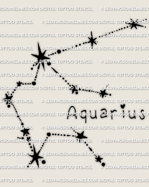 Aquarius constellation tattoo stencil design, minimalist zodiac star map line layout, instant download PNG PDF