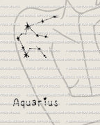Aquarius constellation tattoo stencil shown on womens arm placement, minimalist zodiac star map, printable PNG PDF download