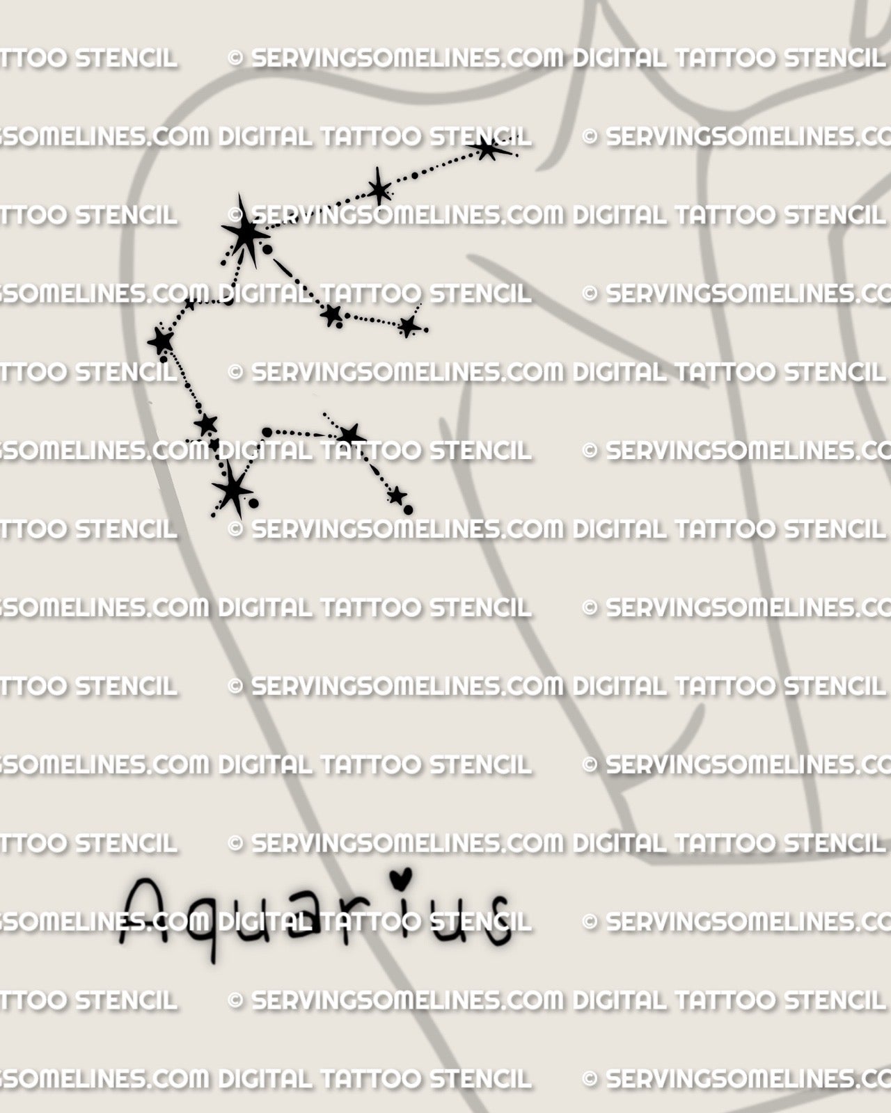 Aquarius constellation tattoo stencil shown on womens arm placement, minimalist zodiac star map, printable PNG PDF download
