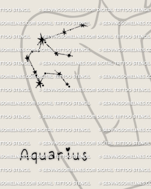 Aquarius constellation tattoo stencil shown on womens arm placement, minimalist zodiac star map, printable PNG PDF download