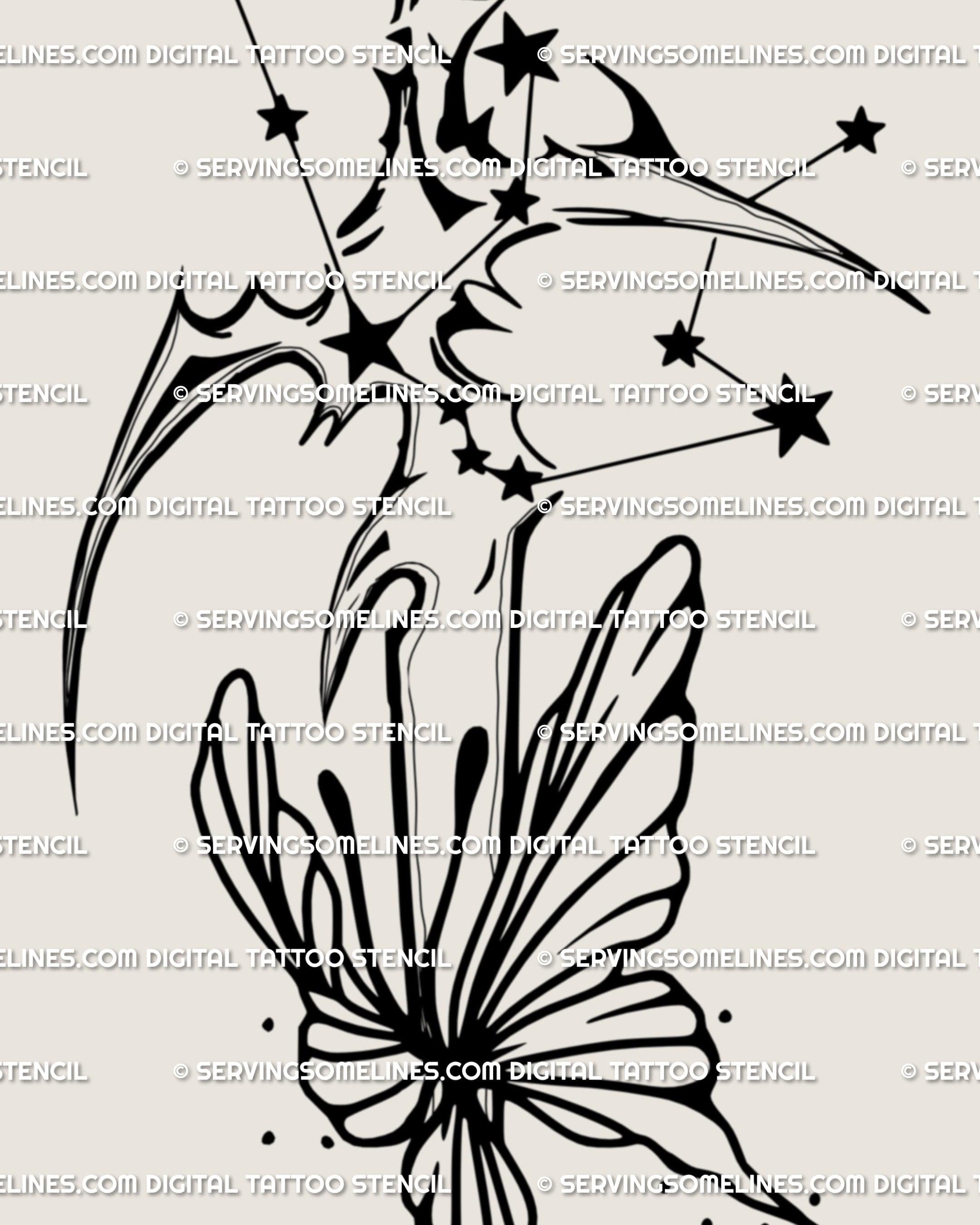 Detail close up of zodiac Aquarius dagger tattoo stencil, clean blade lines with star detail kept minimal