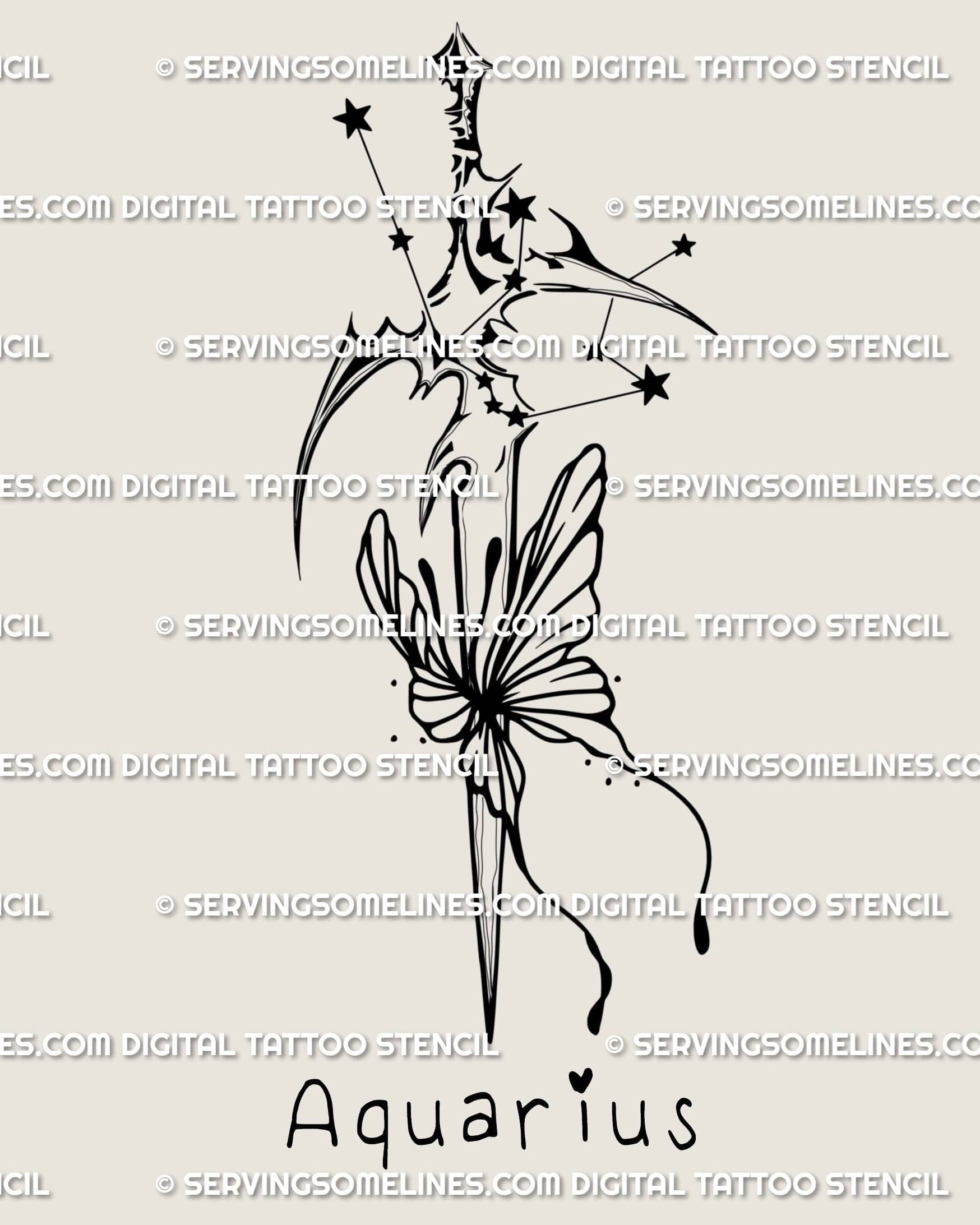 Zodiac Aquarius dagger tattoo stencil design, narrow blade silhouette with star mapping detail and controlled linework