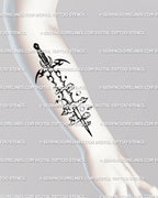 Digital tattoo stencil preview of Aquarius sword tattoo placed along forearm, vertical layout following arm lines for clean blackwork flow.
