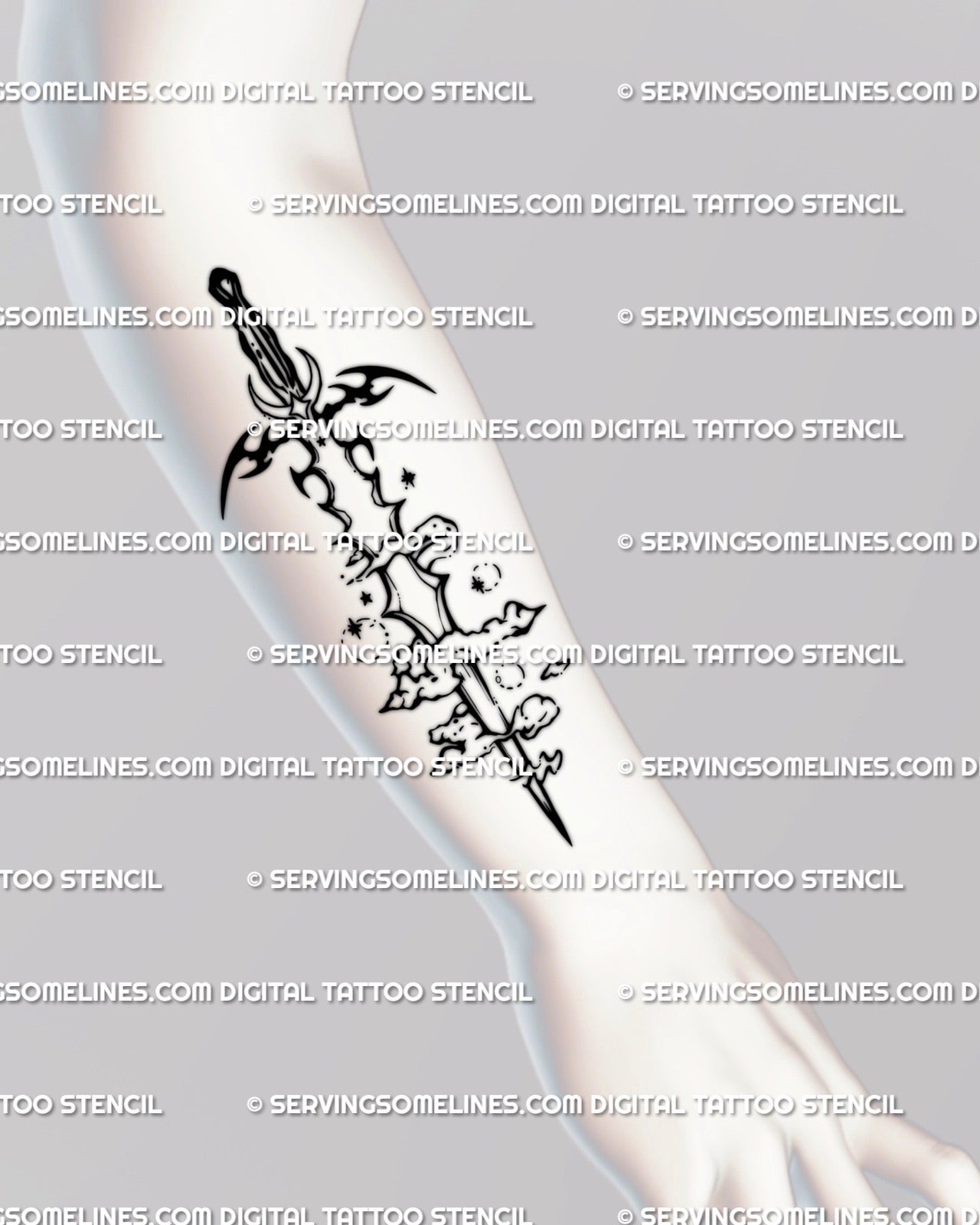 Digital tattoo stencil preview of Aquarius sword tattoo placed along forearm, vertical layout following arm lines for clean blackwork flow.