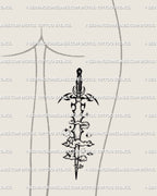  Digital tattoo stencil preview of Aquarius sword tattoo on back of thigh, detailed tribal clouds and flowing zodiac blackwork pattern. 