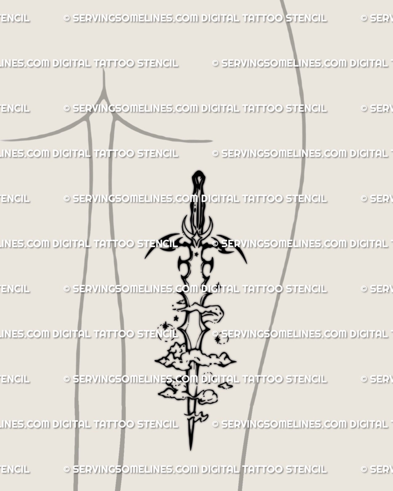  Digital tattoo stencil preview of Aquarius sword tattoo on back of thigh, detailed tribal clouds and flowing zodiac blackwork pattern. 