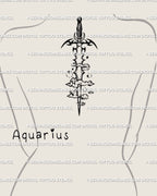 Aquarius sword tattoo stencil digital preview placed on women’s upper back spine, vertical neotribal sword layout with airy zodiac flow. 