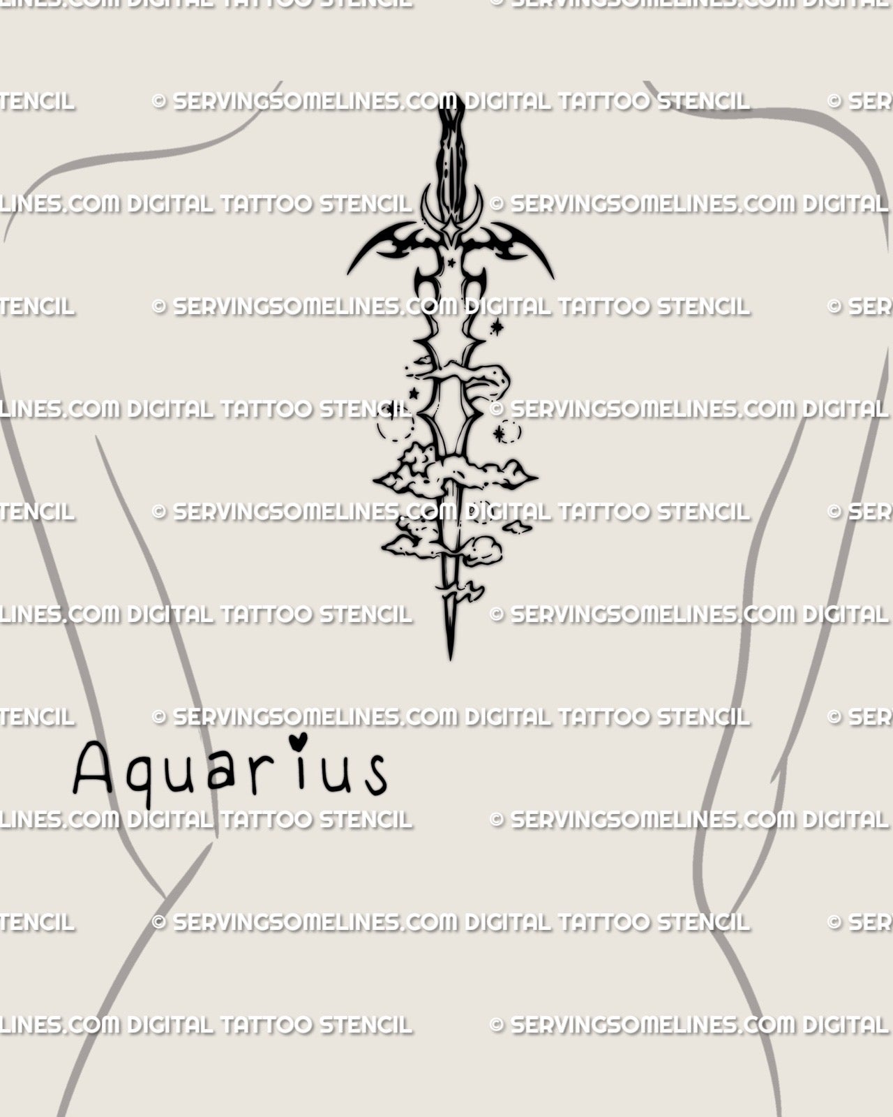 Aquarius sword tattoo stencil digital preview placed on women’s upper back spine, vertical neotribal sword layout with airy zodiac flow. 