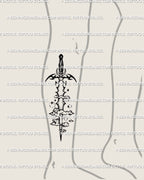 Digital tattoo stencil preview of Aquarius sword tattoo on lower leg, showing balanced tribal blade lines and zodiac air-sign style. 